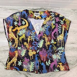 Bimba Y Lola Women's multicolor Sleeveless Blouse V-Neck Top with animal print L